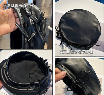 Outdoor black leather spring-autumn new style beanie for children, Korean version, fashionable and versatile with a bow knot design. DLZMZ01