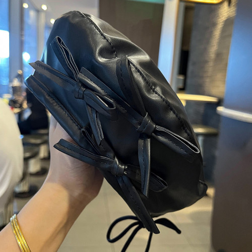 Outdoor black leather spring-autumn new style beanie for children, Korean version, fashionable and versatile with a bow knot design. DLZMZ01