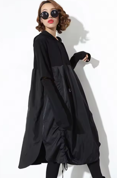 Women Black Drawstring Hollow Out Big Size Irregular Dress New Hooded Long Sleeve Fashion Tide Spring Autumn  JD076