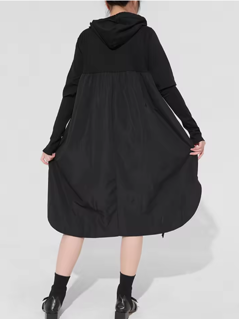 Women Black Drawstring Hollow Out Big Size Irregular Dress New Hooded Long Sleeve Fashion Tide Spring Autumn  JD076