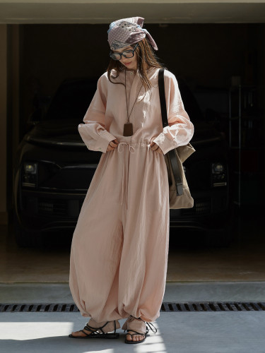 omen Coffee Drawstring Big Size Long Jumpsuit New High Waist Pocket Stitch Pants Fashion Tide Spring Autumn  1DJ2953