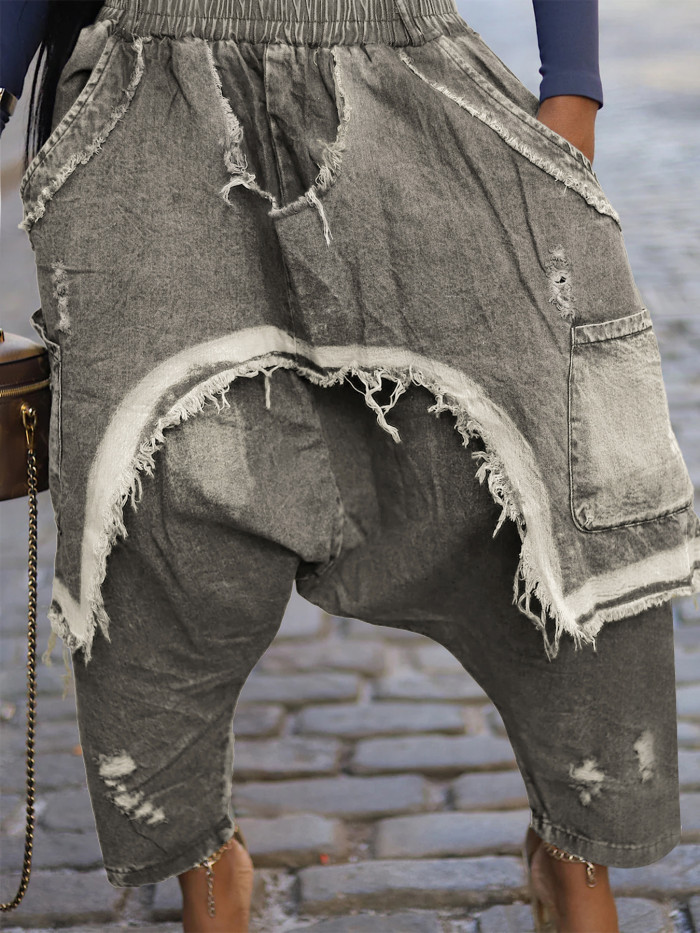 Personalized trendy distressed and frayed denim pants, stylish and loose harem pants DLZ101709