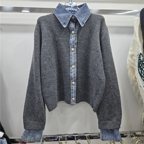 Patchwork Denim Design Knitted Cardigan  Autumn New Long Sleeve Casual Sweaters For Women Trendy Fashion