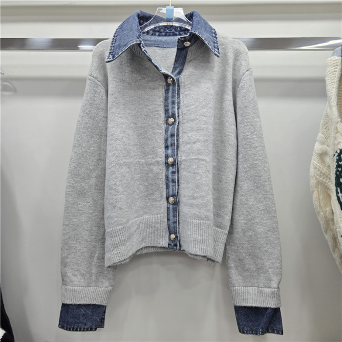 Patchwork Denim Design Knitted Cardigan  Autumn New Long Sleeve Casual Sweaters For Women Trendy Fashion