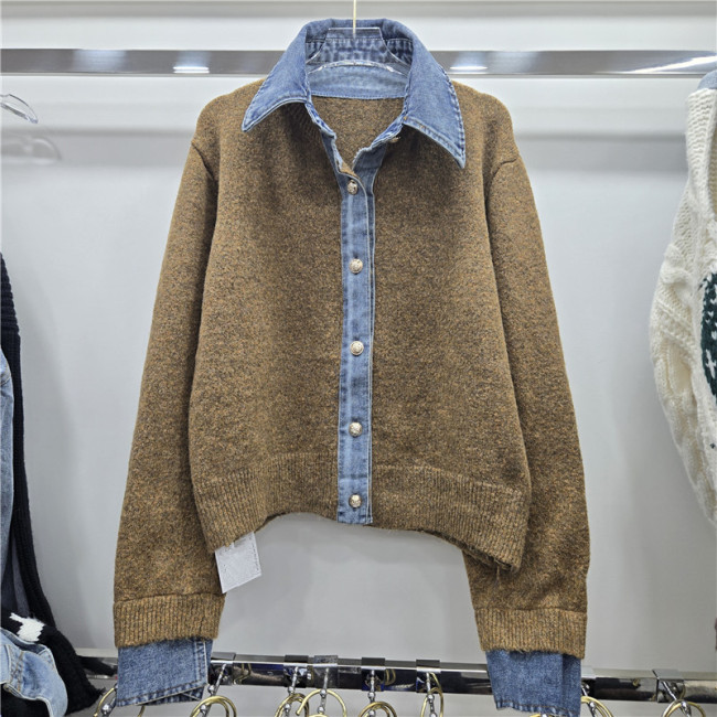 Patchwork Denim Design Knitted Cardigan  Autumn New Long Sleeve Casual Sweaters For Women Trendy Fashion