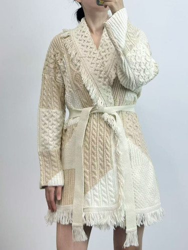 Heavy-duty twisted yarn knitted thick cardigan for women in loose fit, large size, with fringed trim, suitable for mid-length winter wear.  DLZ202512S
