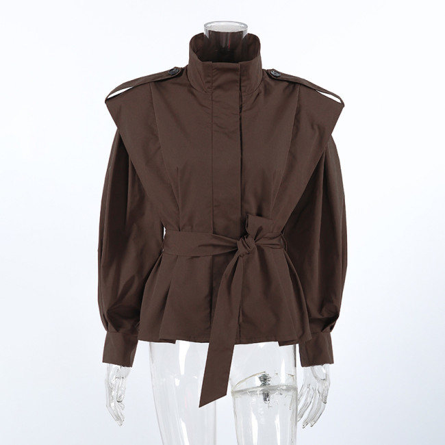Solid Belted Loose Trench Coat Fashion Lapel Long Sleeve Zipper Button Bomber Jacket Lady Autumn High Street Windbreake  DLZ2516S