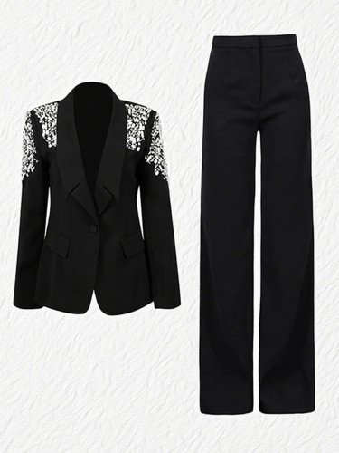 Collar-necked diamond-encrusted coat + high-waisted straight-leg slim-fit pants - two-piece set / outfit  DLZTZ901S