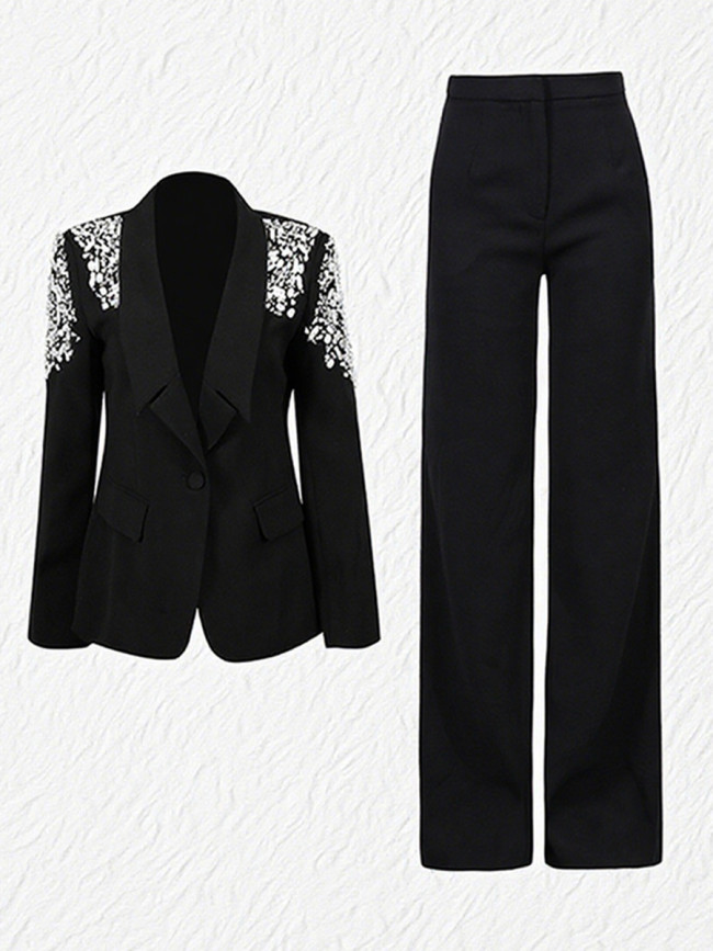 Collar-necked diamond-encrusted coat + high-waisted straight-leg slim-fit pants - two-piece set / outfit  DLZTZ901S
