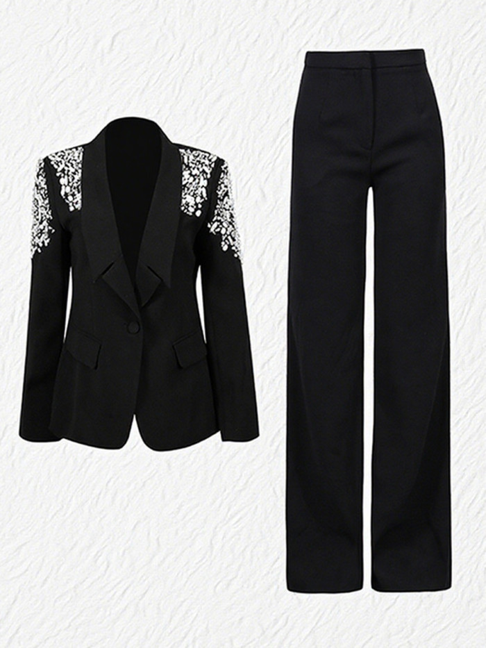 Collar-necked diamond-encrusted coat + high-waisted straight-leg slim-fit pants - two-piece set / outfit  DLZTZ901S