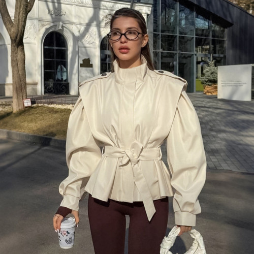 Solid Belted Loose Trench Coat Fashion Lapel Long Sleeve Zipper Button Bomber Jacket Lady Autumn High Street Windbreake  DLZ2516S