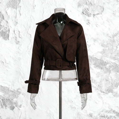 Fashionable trend short-sleeved coat, new style, retro, unique, solid color, versatile, drawstring waist, casual jacket  DLZ10216S