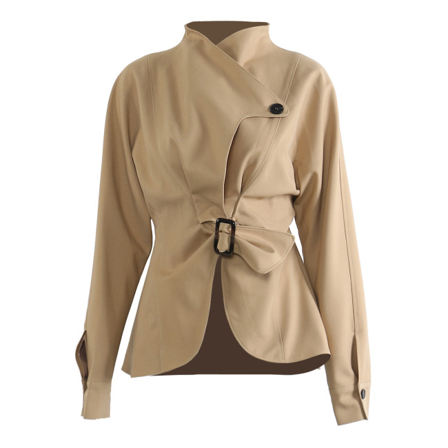 Fashion Khaki Waist-Slimming Ruffled Irregular Cut Jacket Women's Stand Collr Slim Jackets Autumn New  DLZ102304S