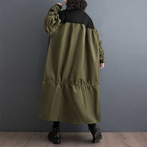  Women Army Green Color-block Big Size Midi Dress New Round Neck Long Sleeve Fashion Tide Spring Autumn DLZ102606
