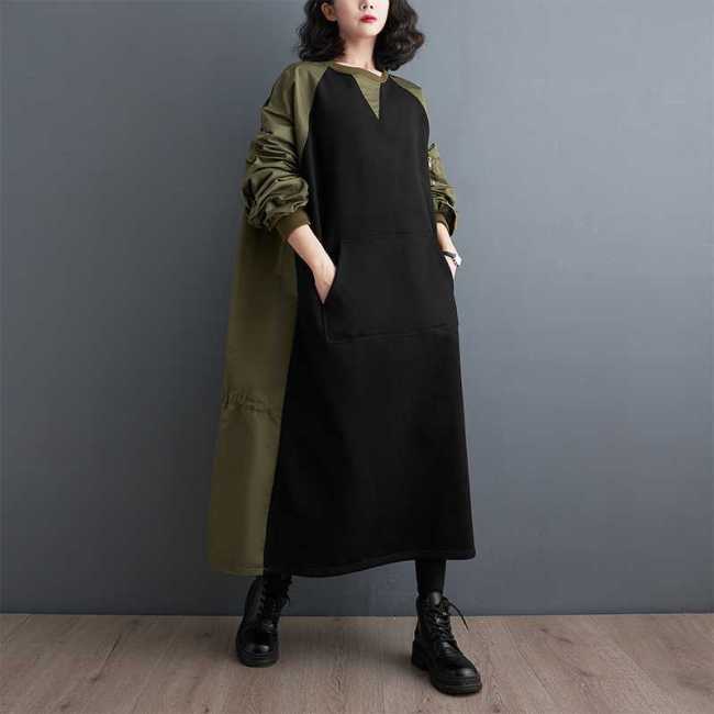  Women Army Green Color-block Big Size Midi Dress New Round Neck Long Sleeve Fashion Tide Spring Autumn DLZ102606