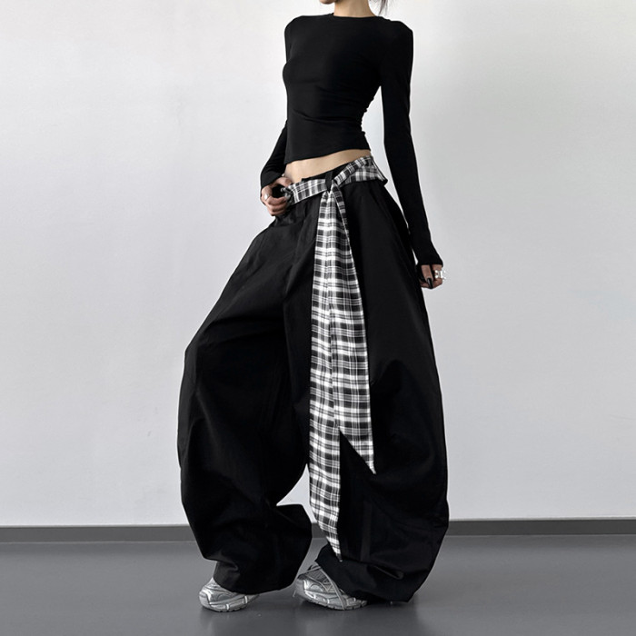 Loose Wide Leg Pants Women's Summer New Style Plaid Patchwork Versatile Slimming Casual Trousers American Fashion Design  DLZKZ1001S