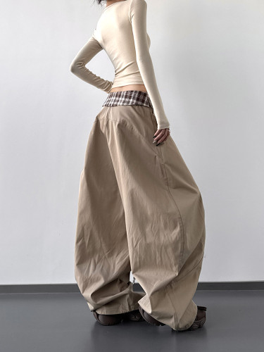Loose Wide Leg Pants Women's Summer New Style Plaid Patchwork Versatile Slimming Casual Trousers American Fashion Design  DLZKZ1001S