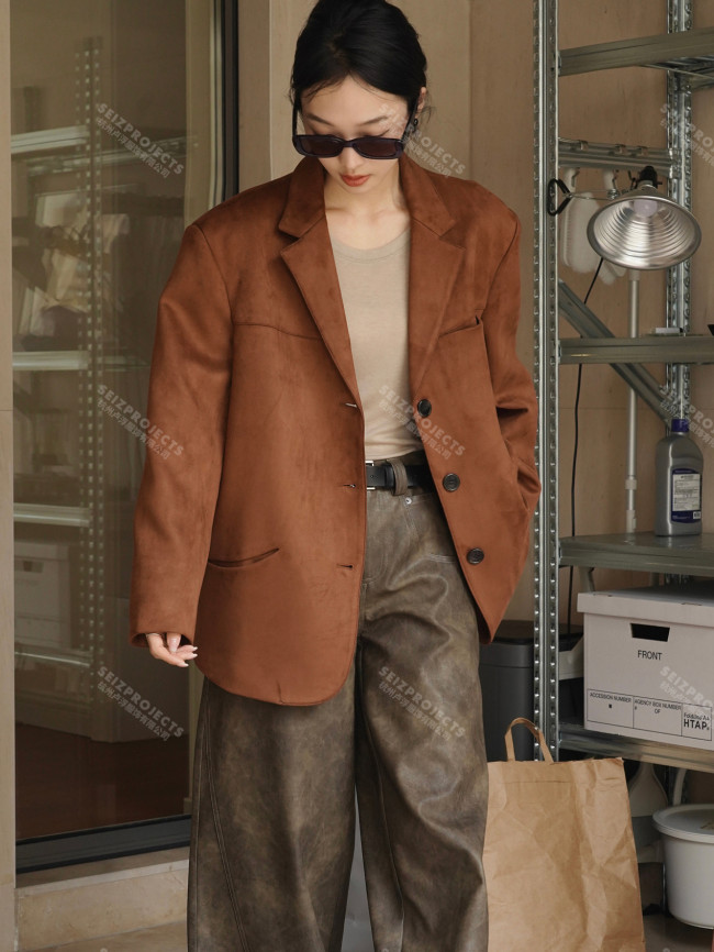 New retro design curved pocket suit loose coat 26D679916S