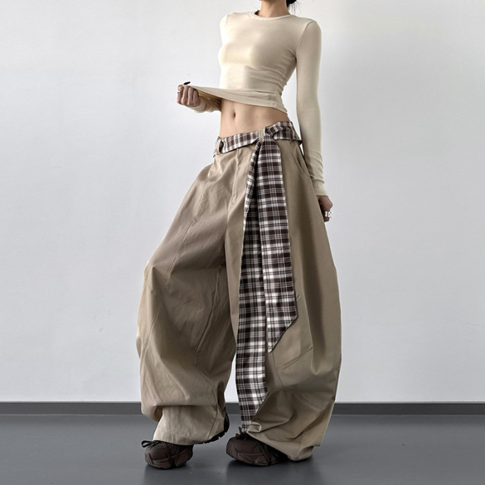 Loose Wide Leg Pants Women's Summer New Style Plaid Patchwork Versatile Slimming Casual Trousers American Fashion Design  DLZKZ1001S
