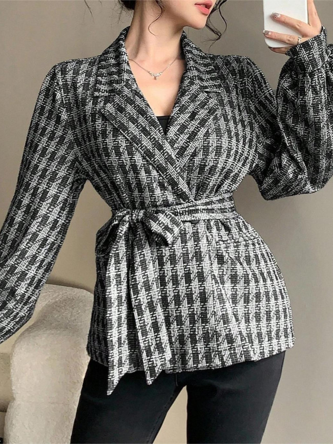 Slim belt-waisted loose-checkered casual shirt DLZ2801S