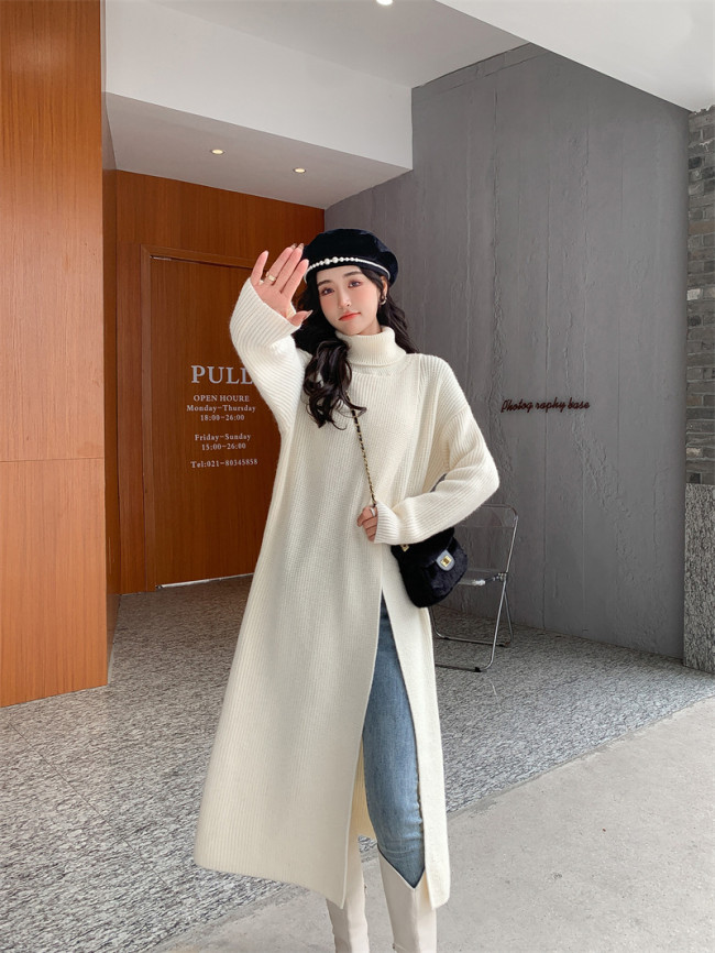Women Orange Knitting Long Slit Big Size Dress New Turtleneck Long Sleeve Loose Fit Fashion Spring Autumn   1DE5886