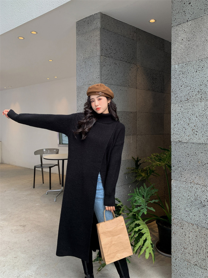 Women Orange Knitting Long Slit Big Size Dress New Turtleneck Long Sleeve Loose Fit Fashion Spring Autumn   1DE5886