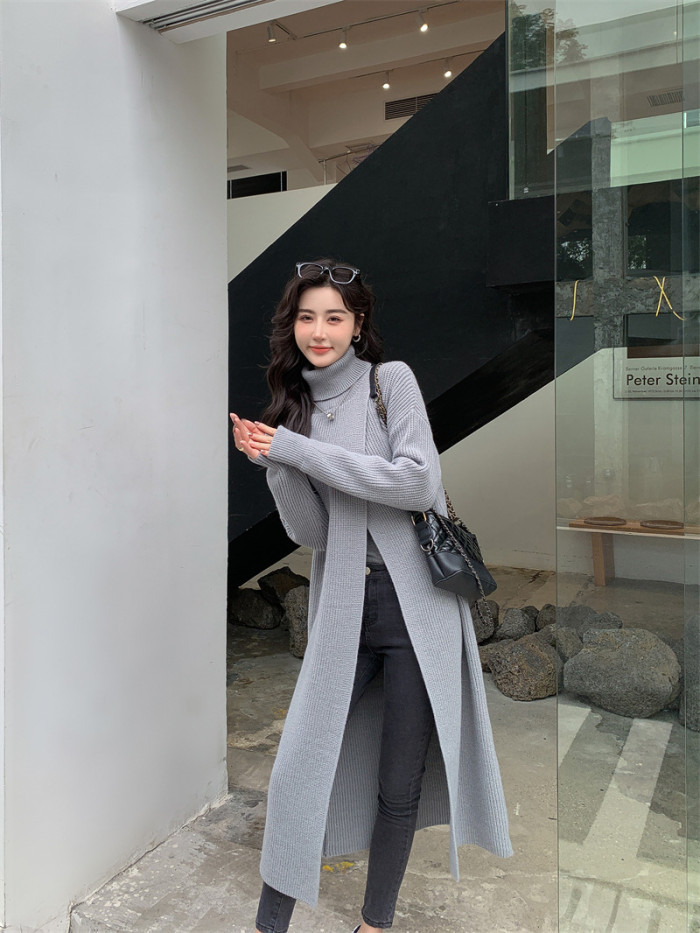 Women Orange Knitting Long Slit Big Size Dress New Turtleneck Long Sleeve Loose Fit Fashion Spring Autumn   1DE5886