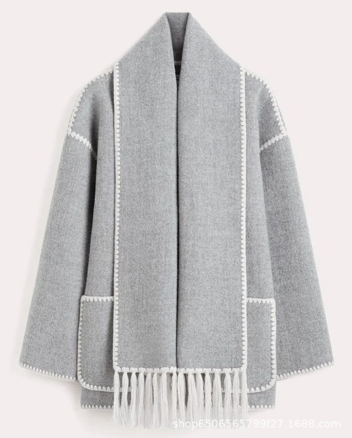 New fashionable woolen coat, thick and loose, with a scarf and fringed trim for women  DLZ71050S