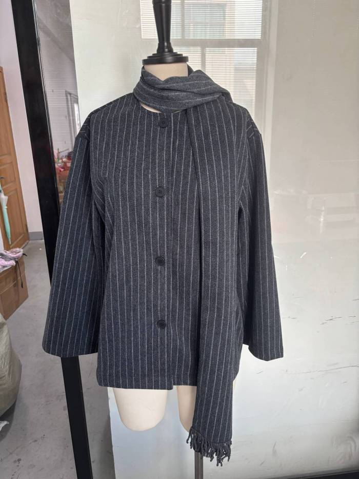 Chic Scarf Collar Stripes Lady Suit Jacket Elegant Long Sleeves Single Breasted Coat 2024 New Fall Woman Commuter Outerwear  WQ1002802L