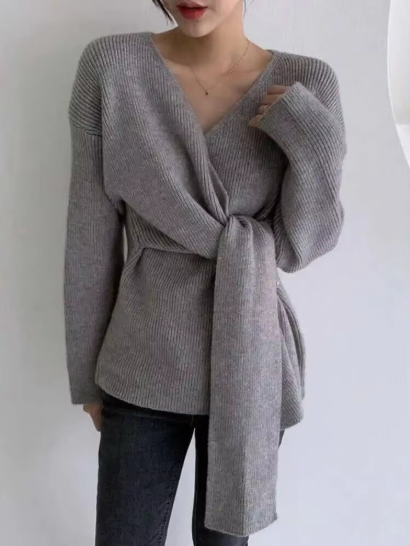 Chic Pullover V Neck Long-sleeve Knitted Sweater With Side Tie Waist Female Fashion Clothing Korean Style Spring 2R4635