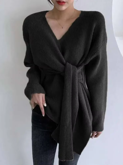 Chic Pullover V Neck Long-sleeve Knitted Sweater With Side Tie Waist Female Fashion Clothing Korean Style Spring 2R4635