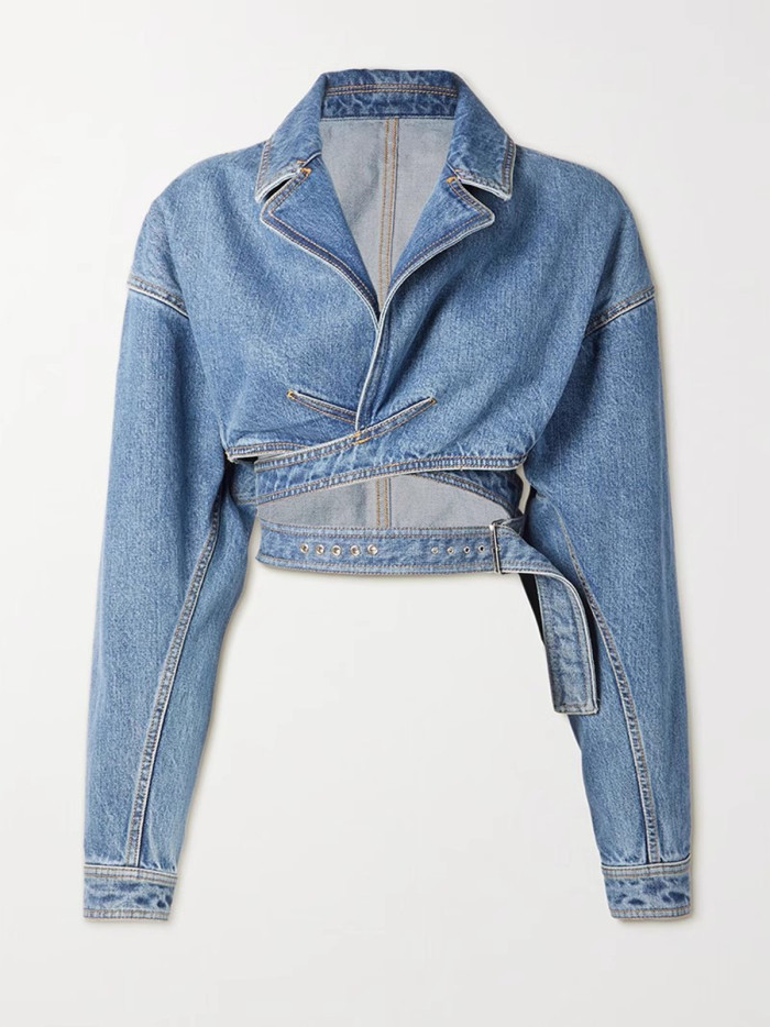  Women Denim Jackets Notched Collar Long Sleeve Crossed High Waist Spliced Belt Short Coat  Summer New Fashion DLZ352605