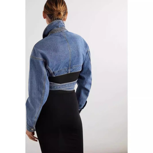  Women Denim Jackets Notched Collar Long Sleeve Crossed High Waist Spliced Belt Short Coat  Summer New Fashion DLZ352605