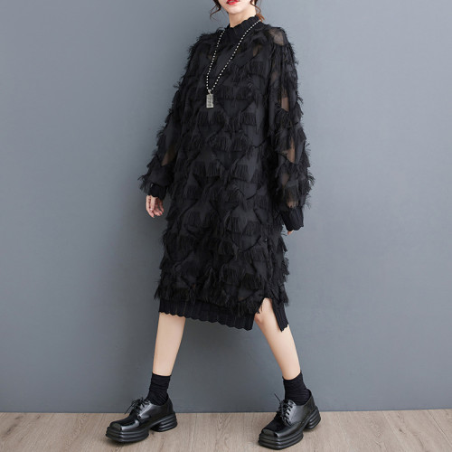 New Spring Autumn Stand Collar Long Sleeve Black Perspective Split Joint Big Size Dress Women Fashion Tide JI78001 