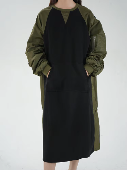 Pleated Long Sleeve Design Contrast Color Dress Loose Patchwork Casual Women Black Dresses  Autumn New Fashion CPG2092