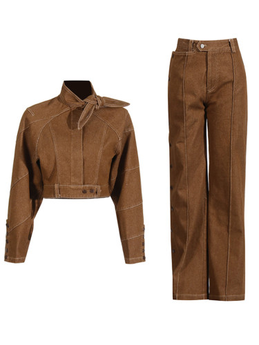 Fashion Two Piece Set for Women Stand Neck Long Sleeve Spliced Button Coat High Waist Pants Female Temperament New  DLZTZ1404S
