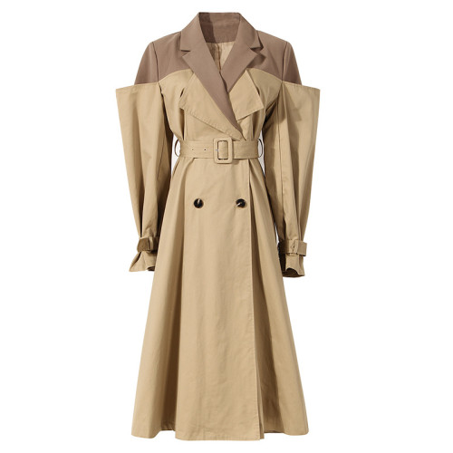 Two-color interwoven double-breasted women's mid-length over-the-knee fall-style windbreaker with a slimming waist design   DLZFY1104S
