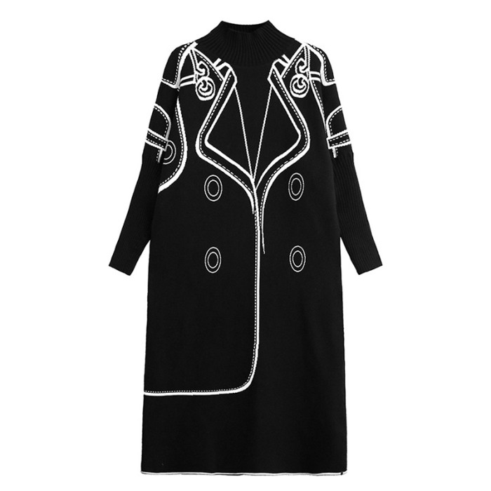 Women Black Pattern Both Side Wear Big Size Sweater Dress New Turtleneck Long Sleeve Fashion Spring Autumn  DLZ833201