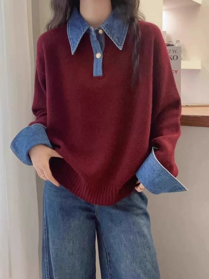 Loose POLO collar denim sleeve patchwork faux two-piece sweater  DLZMY02