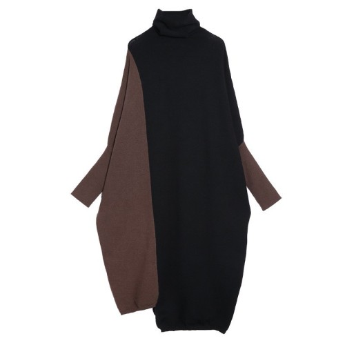Women Coffee Color-block Big Size Long Sweater Dress New Turtleneck Long Sleeve Fashion Tide Spring Autumn  1DJ2393