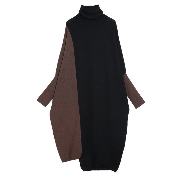 Women Coffee Color-block Big Size Long Sweater Dress New Turtleneck Long Sleeve Fashion Tide Spring Autumn  1DJ2393