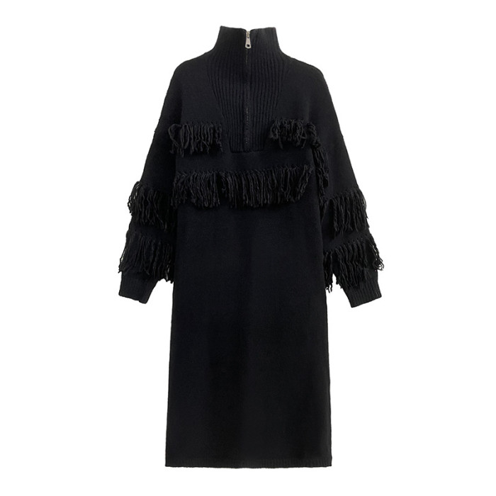 Women Black Tassels Knitting Big Size Midi Dress New Turtleneck Long Sleeve Loose Fit Fashion Spring Autumn  1DH1601