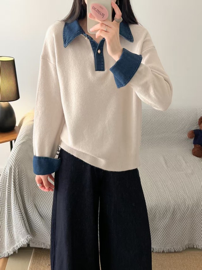 Loose POLO collar denim sleeve patchwork faux two-piece sweater  DLZMY02