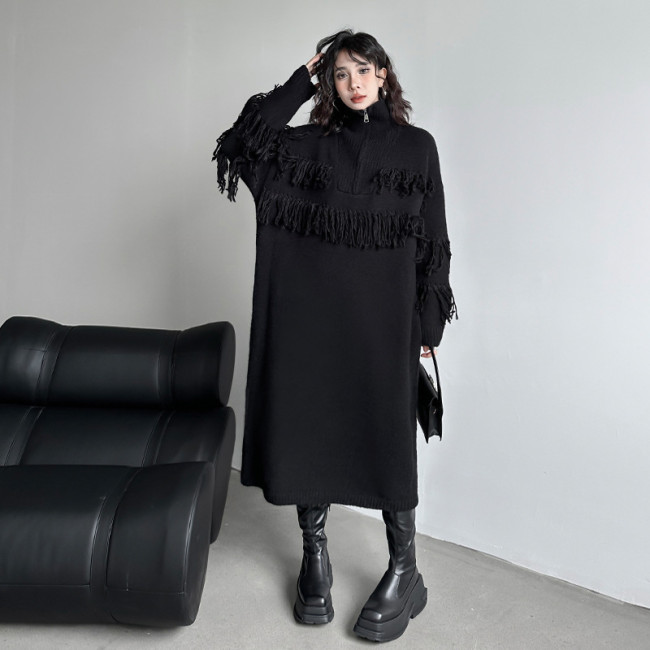 Women Black Tassels Knitting Big Size Midi Dress New Turtleneck Long Sleeve Loose Fit Fashion Spring Autumn  1DH1601