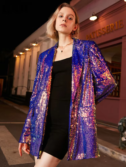 Loose Fit Blue Sequins Big Size Casual Jacket New Lapel Long Sleeve Women Coat Fashion Tide Spring Autumn  1DE3504
