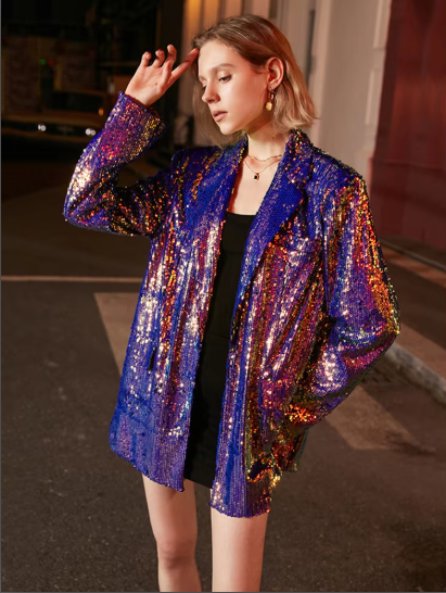 Loose Fit Blue Sequins Big Size Casual Jacket New Lapel Long Sleeve Women Coat Fashion Tide Spring Autumn  1DE3504