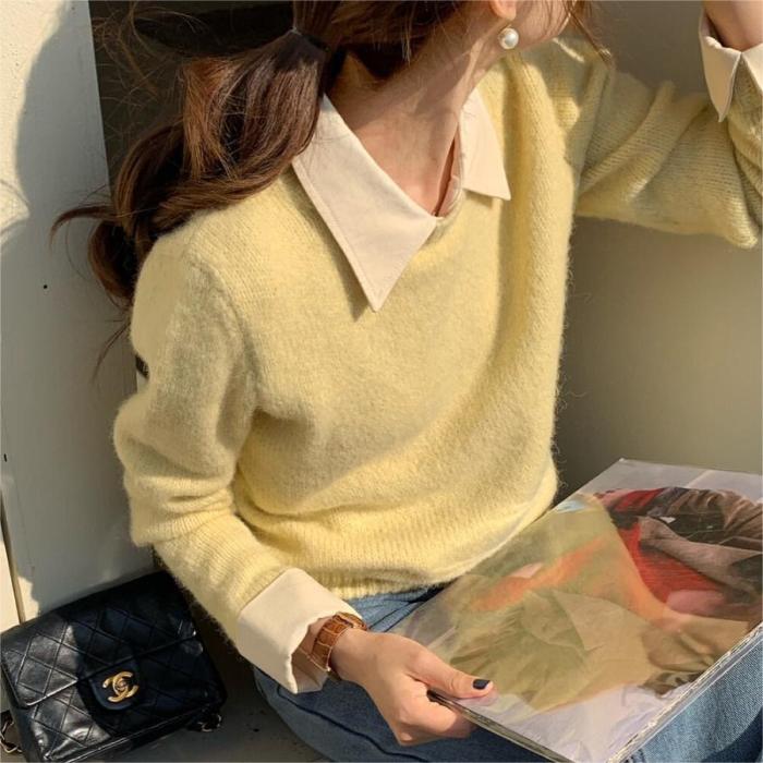 New style button-down pullover sweater for autumn and winter as a base layer, with two-piece appearance and hooded design.   DLZMY2503