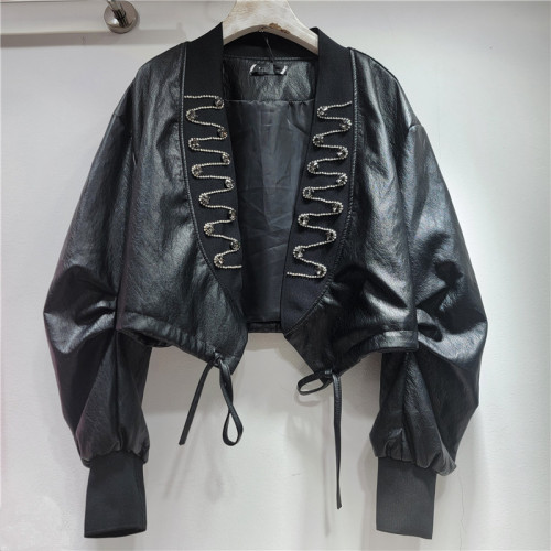 Heavy-duty beaded and diamond-studded design of American retro V-neck slimming jacket and leather coat with textured pleated outerwear  DLZWT2201