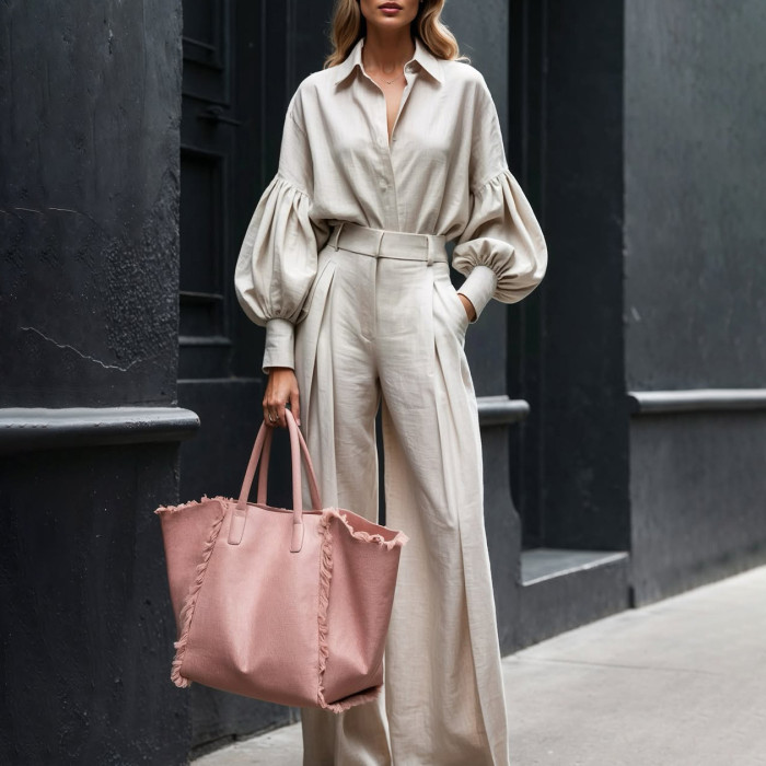 Long-sleeved shirt and wide-leg pants in cotton and linen set  DLZTZ9506S