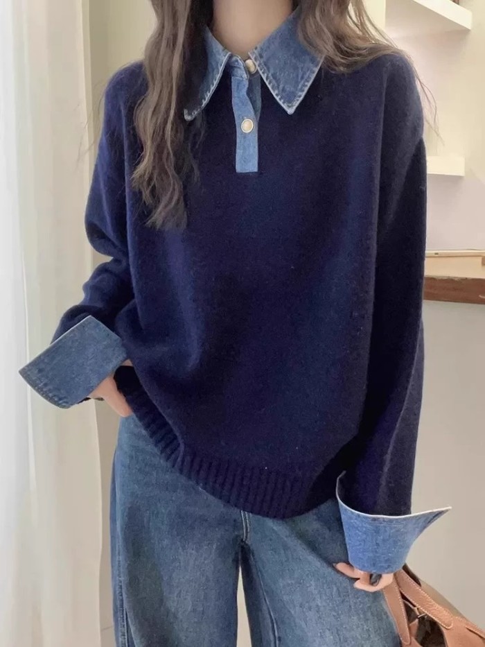 Loose POLO collar denim sleeve patchwork faux two-piece sweater  DLZMY02